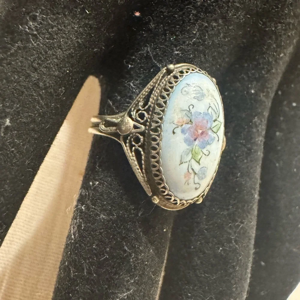 Vintage Russian Enamel Ring Rostov Finift Silver Blue Flower Cabochon Ring